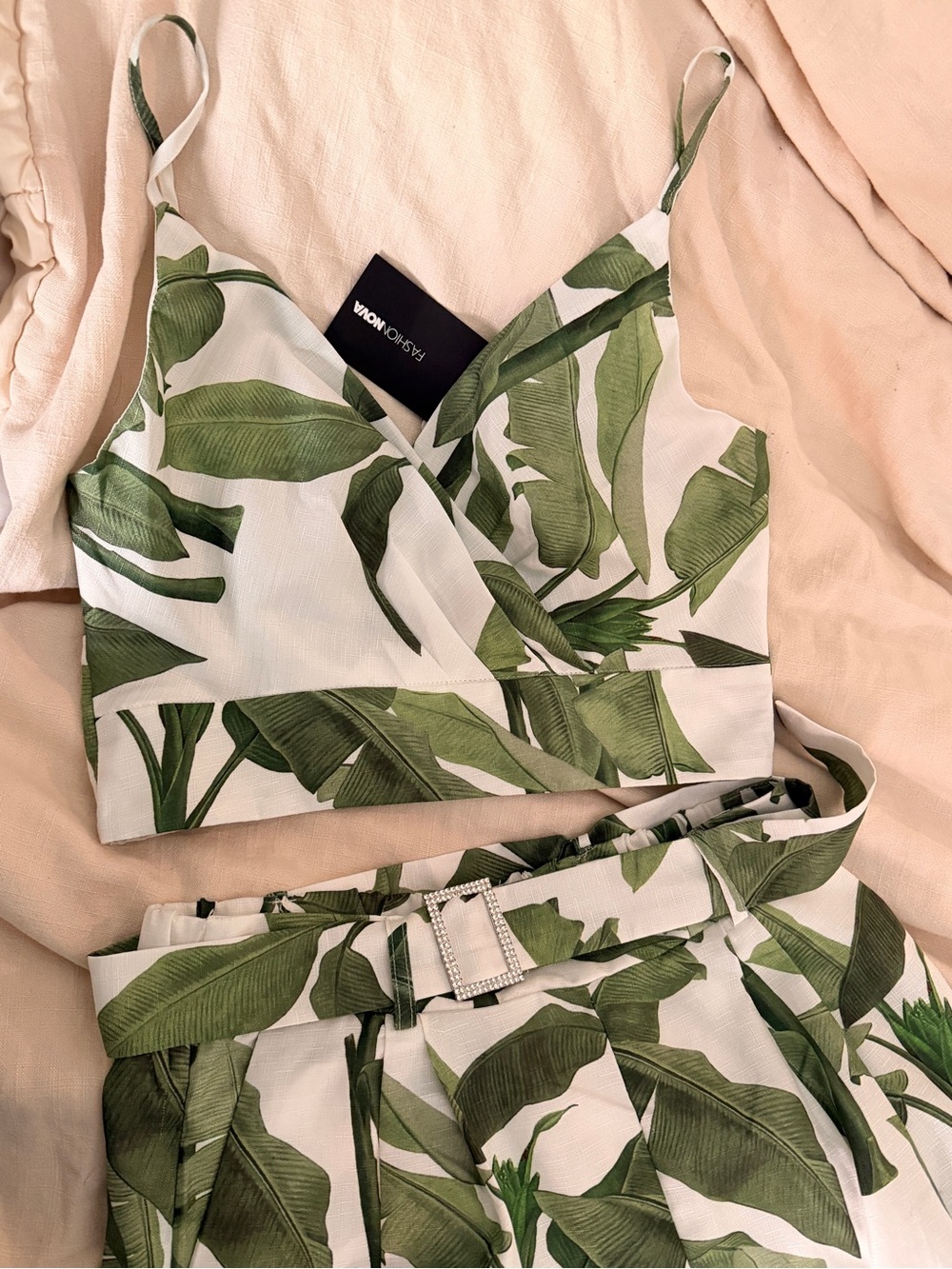 Fashion Nova White & Green Leaf Print Crop Top and Wide Leg Pants Set